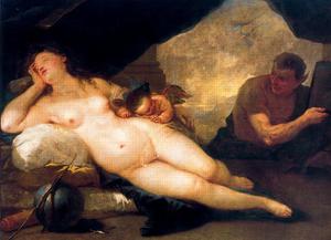 Luca Giordano - Venus and Cupid with a Satyr dormant