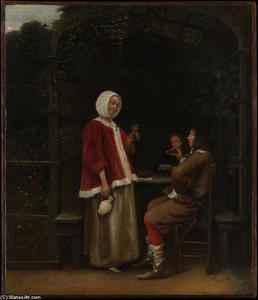 Pieter De Hooch - A Woman and Two Men in an Arbor