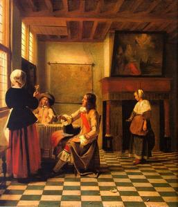 Pieter De Hooch - Woman Drinking with Two Men and a Maidservant