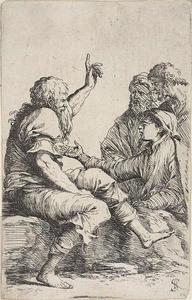 Salvator Rosa - A bearded old man seated on a rock and making a hortatory gesture toward three men opposite him, from Figurine series