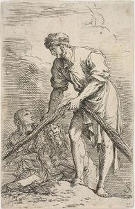 Salvator Rosa - A men pulling a net, with two figures behind him, from Figurine series