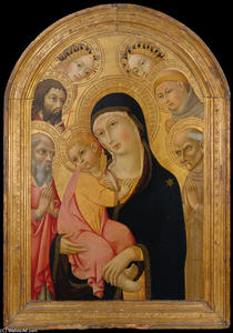 Sano Di Pietro - Madonna and Child with Saints Jerome, Bernardino, John the Baptist, and Anthony of Padua and Two Angels