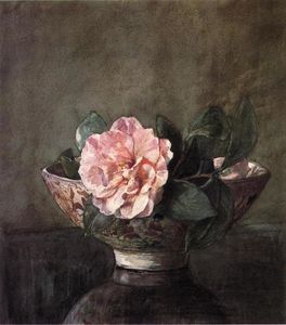 John La Farge - Camellia in Old Chinese Vase on Black Lacquer Table