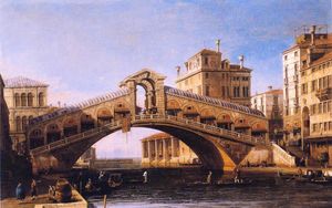 Giovanni Antonio Canal (Canaletto) - Capriccio of the Rialto Bridge with the Lagoon Beyond