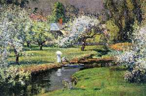 Theodore Wendel - Lady with Parasol by Stream