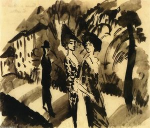 August Macke - Two Women and a Man on an Avenue