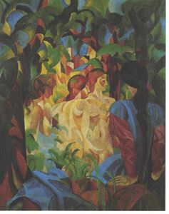 August Macke - Bathing girls with town in the backgraund