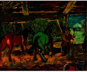 David Davidovich Burliuk - Red and green horses in a stable