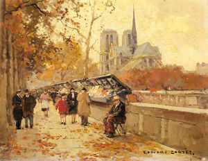 Edouard Cortes - Booksellers along the Seine, Notre-Dame View
