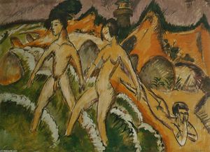 Ernst Ludwig Kirchner - Female Nudes Striding into the Sea