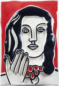 Fernand Leger - Face by hand on a red background