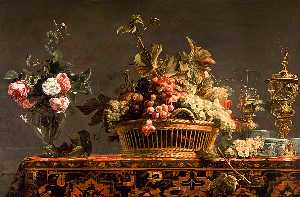 Frans Snyders - Grapes in a basket and roses in a vase
