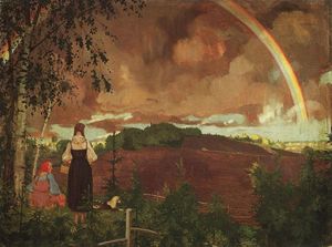 Konstantin Somov - Landscape with Two Peasant Girls and a Rainbow