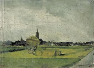 Theo Van Doesburg - Landscape with hay cart, church towers and windmill