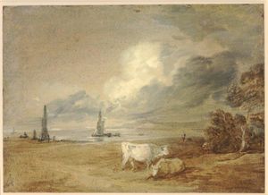 Thomas Gainsborough - Coastal scene with shipping, figures and cows