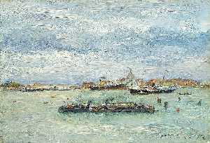 William Merritt Chase - Gray Day on the Lagoon (A Passenger Boat - Venice)