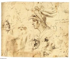 Michelangelo Buonarroti - Helmeted Head of a Youth, and Other Studies (recto)