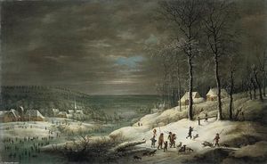 Lucas Van Uden - Winter Landscape with Hunters