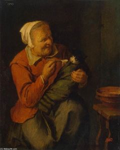 David The Younger Ryckaert - Peasant Woman with a Cat
