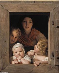 Ferdinand Georg Waldmuller - Young Peasant Woman with Three Children at the Window