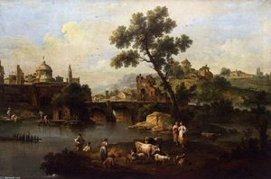 Giuseppe Zais - Landscape with River and Bridge