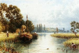 Myles Birket Foster - Loading the Hay Barges, with a Young Woman Taking Water from the River in the Foreground