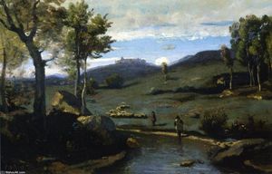 Jean Baptiste Camille Corot - Roman Campagne - Rocky Valley with a Herd of Pigs