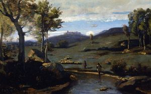 Jean Baptiste Camille Corot - Roman Countryside - Rocky Valley with a Herd of Pigs
