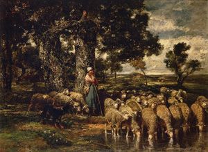 Charles Émile Jacque - A Shepherdess with Her Flock