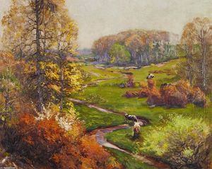 Mathias Joseph Alten - Spring Landscape with Meandering Stream and Cows