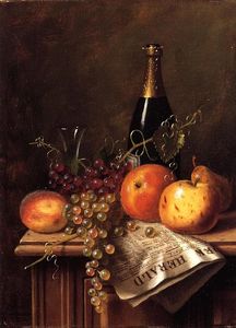 William Michael Harnett - Still Life with Fruit, Champagne Bottle and Newspaper