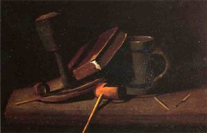 John Frederick Peto - Still Life with Lamp, Pipe, Matches, Book and Mug