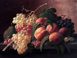 Severin Roesen - Still Life with Peaches, Grapes and a Pear