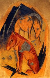 Franz Marc - Two Horses in front of a Blue Mountain