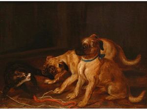 Horatio Henry Couldery - Two pugs confronting a cat
