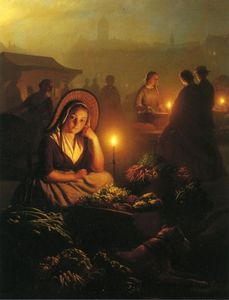 Petrus Van Schendel - A Young Girl Selling Vegetables at the Night Market, with the Dam Palace and the Nieuwe Kerk in the Distance, Amsterdam