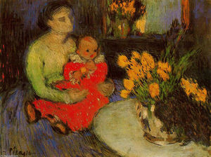 Pablo Picasso - Mother and child behind the bouquet of flowers