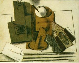 Pablo Picasso - Bottle of bass, glass and package of tobacco