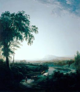 Abraham Pether - Landscape With River And Cows At Dusk