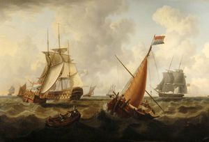 Charles Martin Powell - Dutch And British Men O- War Off The Coast, Dutch Boat In The Foreground