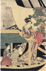 Chōbunsai Eishi - The Left-hand Sheet Of A Pentaptych Showing Two Young Girls And A Young Man In A Pleasure Boat