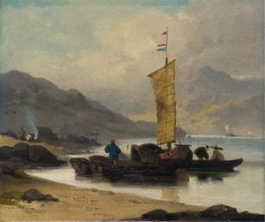 George Chinnery - A Junk And Tanka Boats By The Shore, Macao