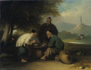 George Chinnery - Chinese Gaming At A Table, A Pagoda On A Hill Beyond
