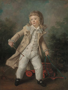 Henri Pierre Danloux - Portrait Of A Boy, Full Length In A Landscape, Wearing White Trousers And Shirt With A Brown Coat, Holding A Horsewhip And A Toy-cart