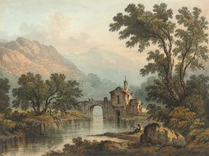 Hugh William Williams - An Angler In A Landscape With A Bridge And Hills Beyond