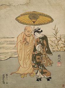 Suzuki Harunobu - Daruma And A Young Woman In The Rain