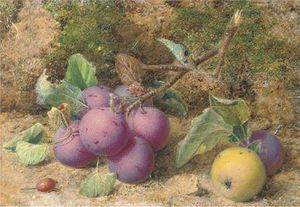 William Hough - Still Life Of Plums And An Apple On A Mossy Bank