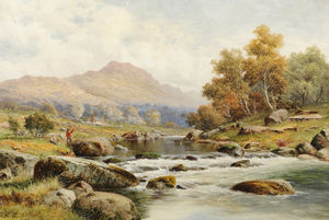William Henry Mander - River Landscape With Figures Fishing