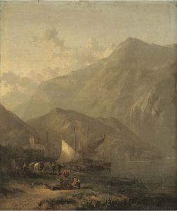 James Baker Pyne - Mountainous Lake Landscape With Figures And Boats In The Foreground And A Villa Beyond