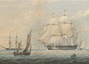 John Wilson Carmichael - A Royal Naval Frigate Amidst Other Shipping At Spithead